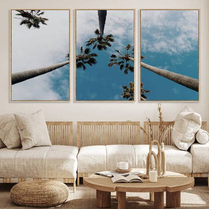 45236398-MGV-FC-60X30-3P_Natural-Tropical Palm Trees Wall Art Canvas Print, Framed California Sky Art Picture Print, Minimalist Nature Perfect Coastal Minimalist