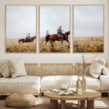 94723307-MGV-FC-60X30-3P_Natural-Western Cowboys Wall Art Canvas Print, Framed Rustic Prairie Art Picture Print, Horseback Riding Perfect Rustic Western Decor