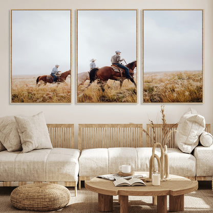 94723307-MGV-FC-60X30-3P_Natural-Western Cowboys Wall Art Canvas Print, Framed Rustic Prairie Art Picture Print, Horseback Riding Perfect Rustic Western Decor