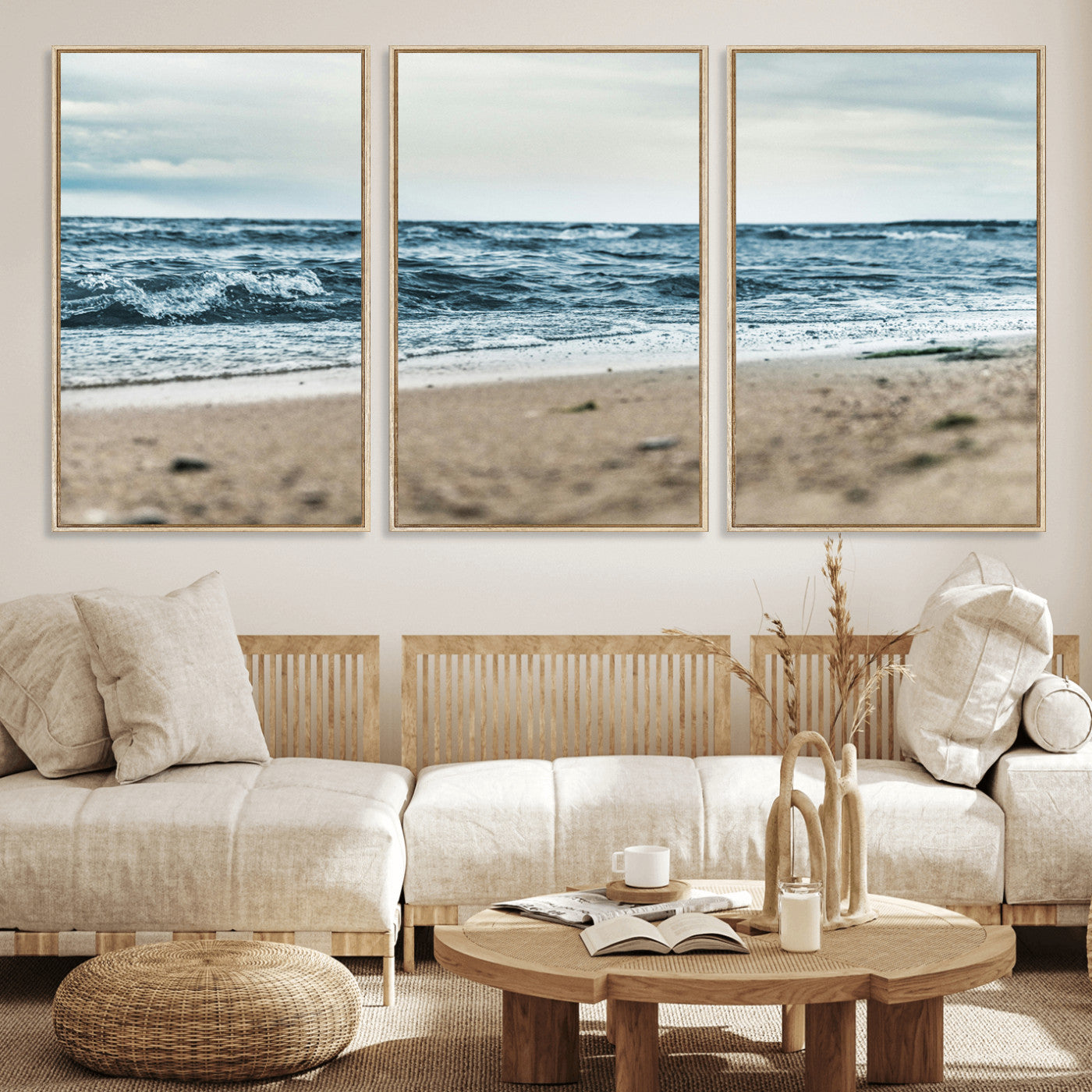 81812590-MGV-FC-60X30-3P_Natural-Ocean Wall Art Wall Art Canvas Print, Framed Coastal Canvas Art Picture Print, Moody Seascape Perfect Coastal Minimalist Decor