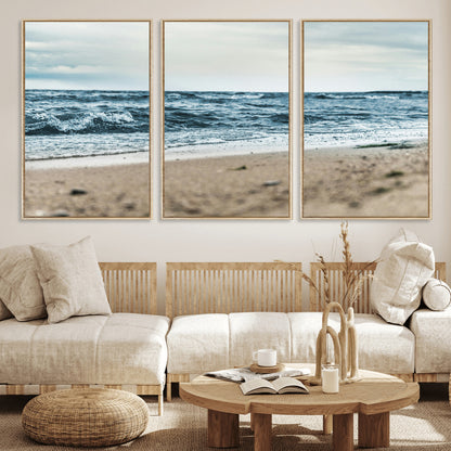 81812590-MGV-FC-60X30-3P_Natural-Ocean Wall Art Wall Art Canvas Print, Framed Coastal Canvas Art Picture Print, Moody Seascape Perfect Coastal Minimalist Decor