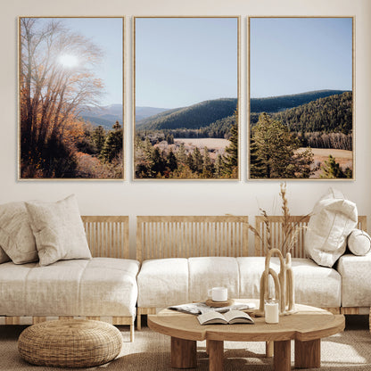 52941305-MGV-FC-60X30-3P_Natural-Rustic Landscape Wall Art Canvas Print, Framed Serene Valley Art Picture Print, Pine Tree Horizon Perfect Rustic Cabin Decor