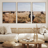 22431577-MGV-FC-60X30-3P_Natural-Western Wall Art Wall Art Canvas Print, Framed Cowboy Canvas Art Picture Print, Cattle Drive Scene Perfect Rustic Western Decor