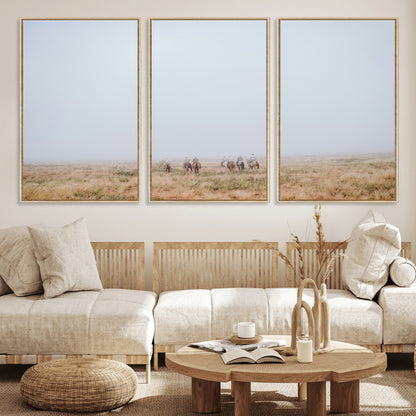 14761944-MGV-CV-36X24-Foggy Plains Wall Art Canvas Print, Framed Horseback Riders Art Picture Print, Rustic Western Perfect Rustic Western Decor Artwork