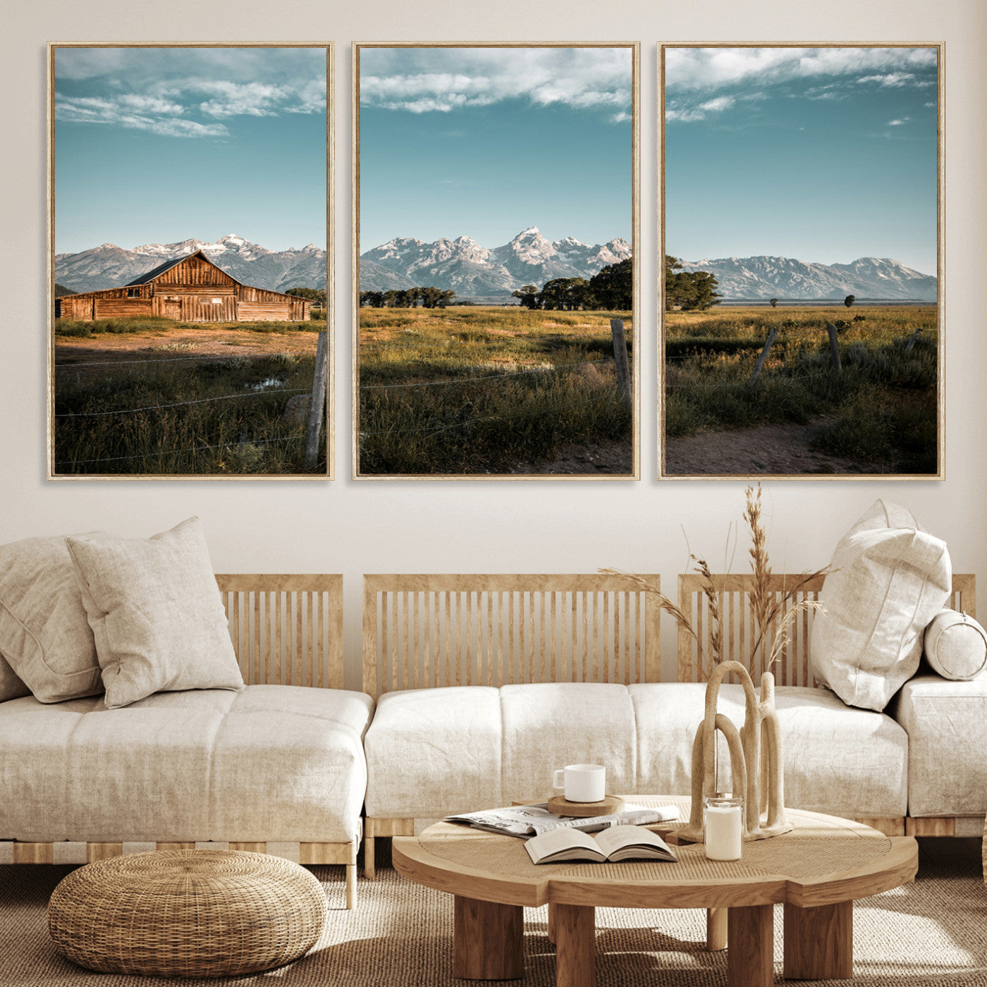 92497443-MGV-FC-60X30-3P_Natural-Rustic Farmhouse Wall Art Canvas Print, Framed Mountain Cabin Art Picture Print, Western Landscape Perfect Rustic Farmhouse Decor