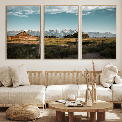 92497443-MGV-FC-60X30-3P_Natural-Rustic Farmhouse Wall Art Canvas Print, Framed Mountain Cabin Art Picture Print, Western Landscape Perfect Rustic Farmhouse Decor