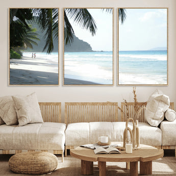 18311030-MGV-FC-60X30-3P_Natural-Tropical Beach Wall Art Canvas Print, Framed Serene Ocean Art Picture Print, Palm Tree Shadows Perfect Tropical Coastal Decor