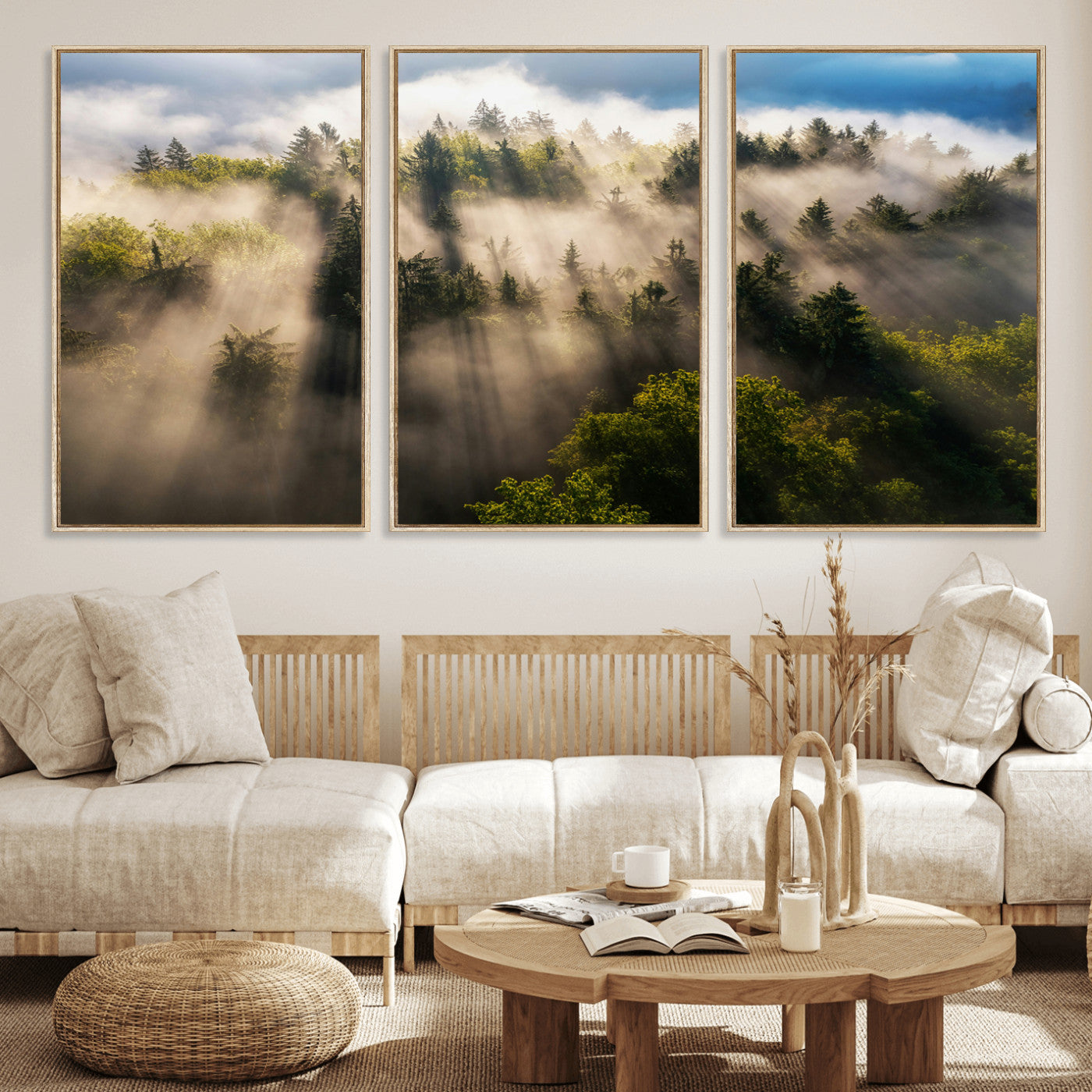 14785710-MGV-FC-60X30-3P_Natural-Tranquil Forest Scene Wall Art Canvas Print, Framed Sunbeam Through Trees Art Picture Print, Moody Green Wall Art Perfect