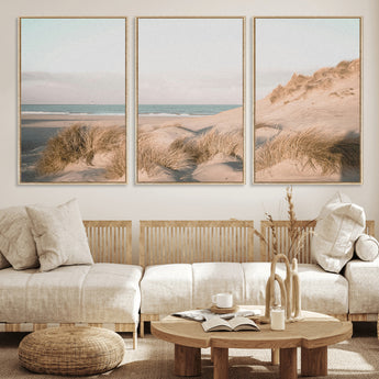 28064037-MGV-FC-60X30-3P_Natural-Minimalist Seascape Wall Art Canvas Print, Framed Neutral Beach Print Art Picture Print, Sand Dune Photography Perfect