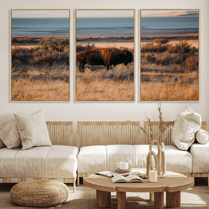 39509187-MGV-FC-60X30-3P_Natural-Western Wildlife Wall Art Canvas Print, Framed Bison Art Picture Print, Golden Hour Perfect Western Rustic Decor Artwork