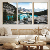 98014896-MGV-FC-60X30-3P_Natural-Canadian Rockies Wall Art Canvas Print, Framed Mountain Landscape Art Picture Print, Turquoise Water Perfect Scandinavian