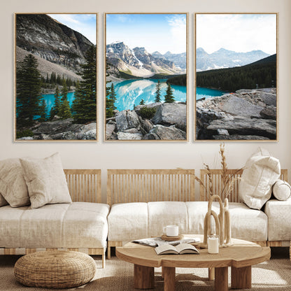 98014896-MGV-FC-60X30-3P_Natural-Canadian Rockies Wall Art Canvas Print, Framed Mountain Landscape Art Picture Print, Turquoise Water Perfect Scandinavian