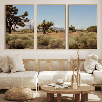 16114018-MGV-FC-60X30-3P_Natural-Joshua Tree Wall Art Canvas Print, Framed Desert Landscape Art Picture Print, Mountain Horizon Perfect Southwestern Boho Decor