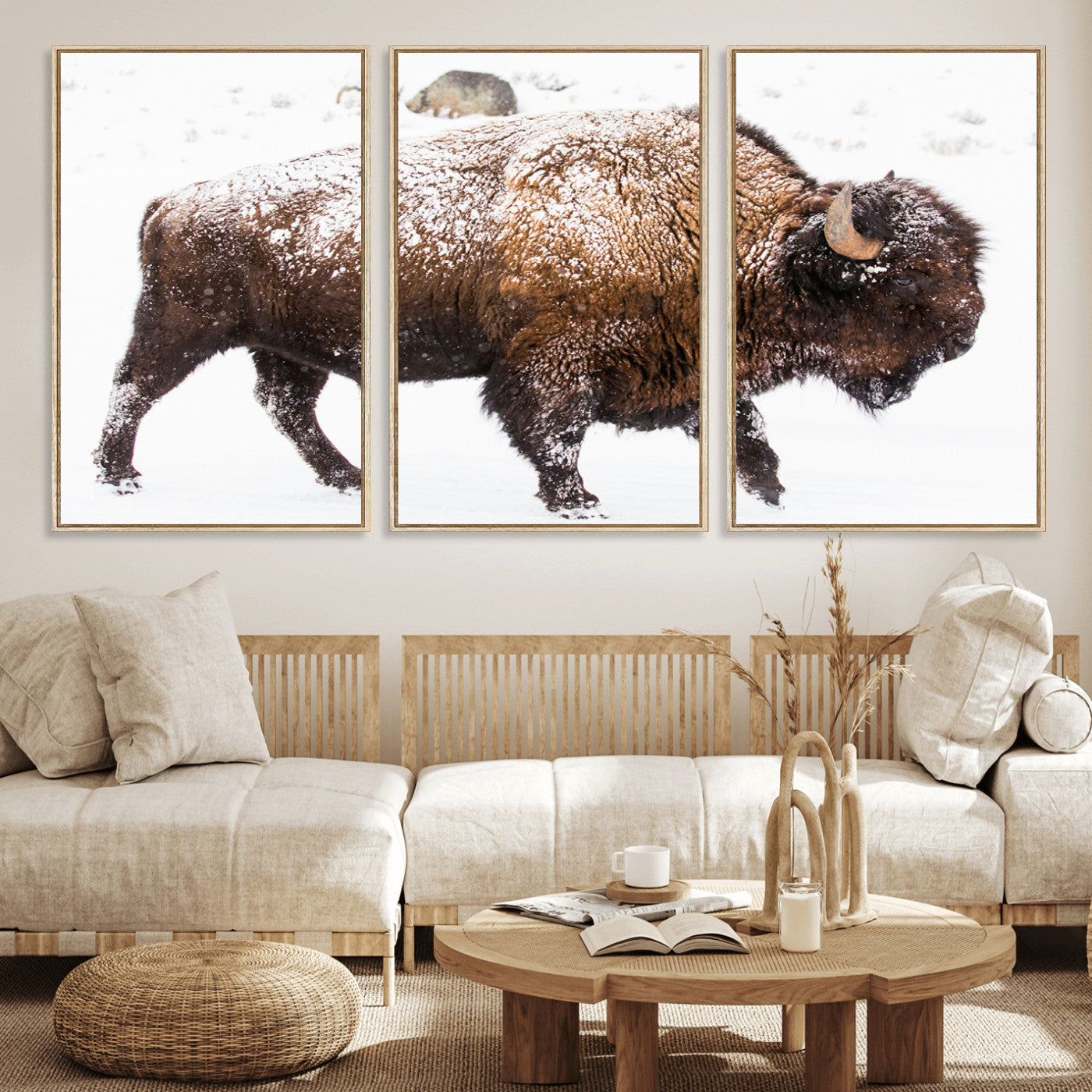94261165-MGV-CV-36X24-Snowy Buffalo Wall Art Canvas Print, Framed Wildlife Photography Art Picture Print, Brown Tones Perfect Rustic Lodge Decor Decor