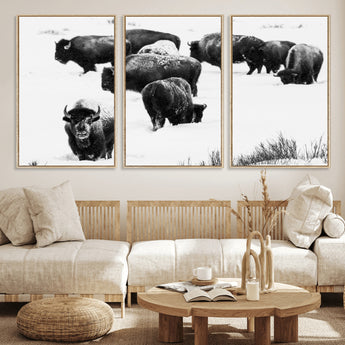 18914414-MGV-FC-60X30-3P_Natural-Buffalo Herd Wall Art Canvas Print, Framed Black and White Art Picture Print, Snowy Landscape Perfect Rustic Lodge Decor Decor