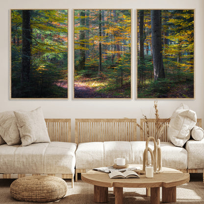 65810864-MGV-FC-60X30-3P_Natural-Autumn Forest Wall Art Canvas Print, Framed Fall Woodland Art Picture Print, Golden Leaves Perfect Rustic Farmhouse Decor Artwork