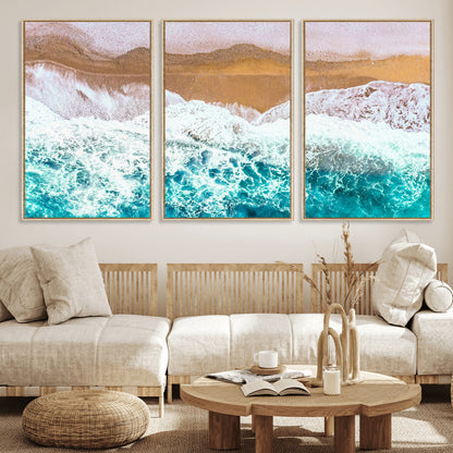 26870666-MGV-FC-60X30-3P_Natural-Aerial Beach Wall Art Canvas Print, Framed Ocean Waves Art Picture Print, Coastal Landscape Perfect Coastal Minimalist Decor