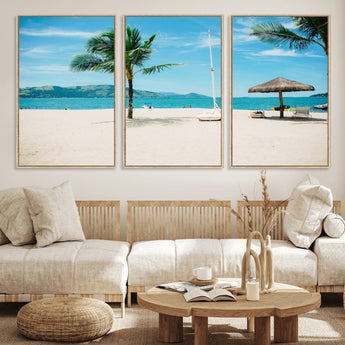 42623350-MGV-FC-60X30-3P_Natural-Tropical Beach Wall Art Canvas Print, Framed Palm Tree Art Picture Print, Ocean View Perfect Tropical Coastal Decor Artwork