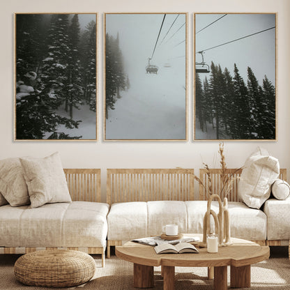 87018452-MGV-FC-60X30-3P_Natural-Ski Lift Wall Art Canvas Print, Framed Snowy Pines Art Picture Print, Misty Landscape Perfect Winter Serenity Decor Artwork