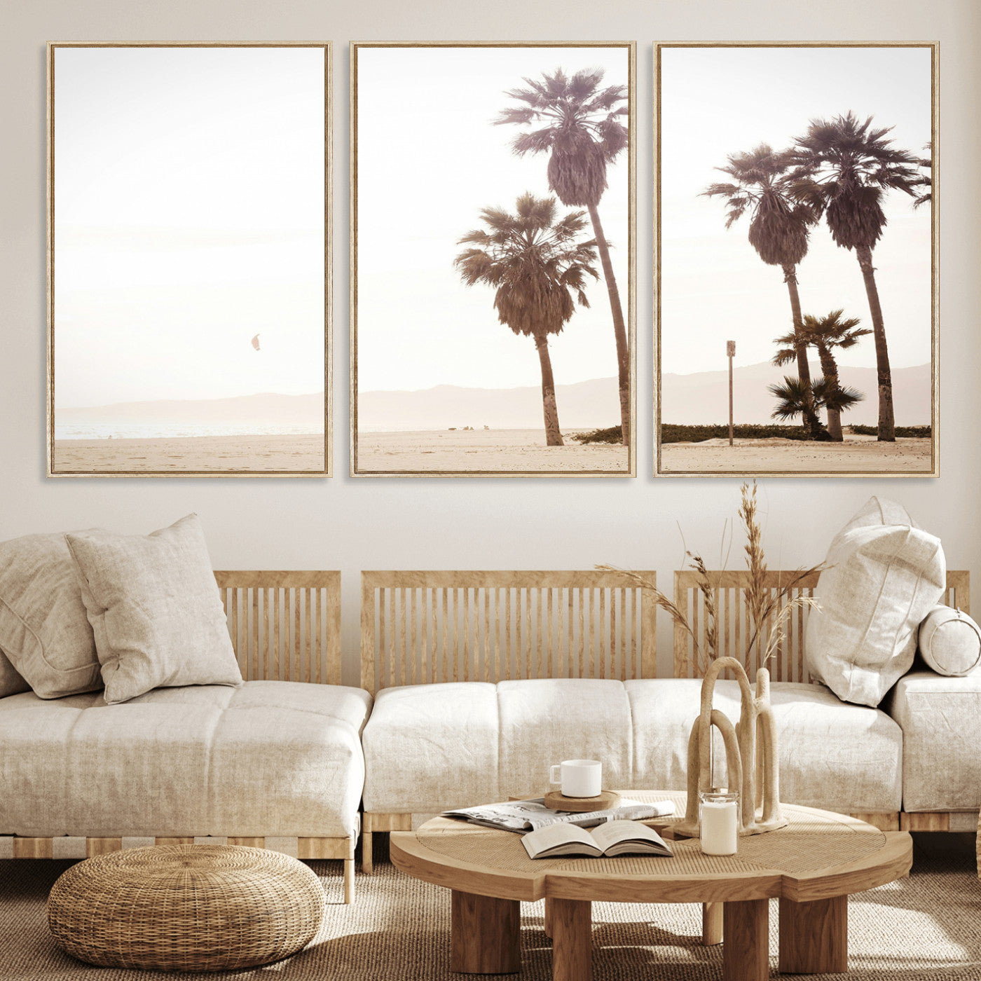 48255923-MGV-FC-60X30-3P_Natural-Coastal Light Wall Art Canvas Print, Framed Relaxing Shoreline Art Picture Print, Minimalist Ocean Perfect Tropical Serenity Decor