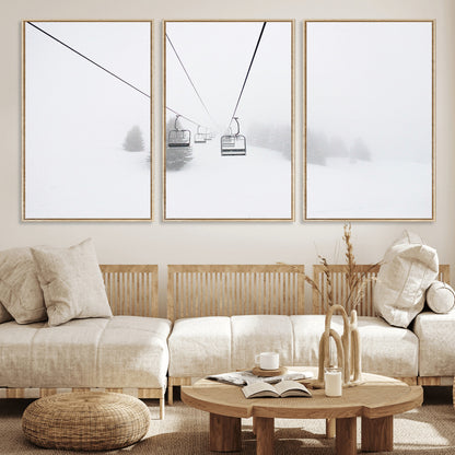 20216390-MGV-FC-60X30-3P_Natural-Ski Lift Wall Art Canvas Print, Framed Snowy Landscape Art Picture Print, Alpine Adventure Perfect Nordic Minimalist Decor Artwork