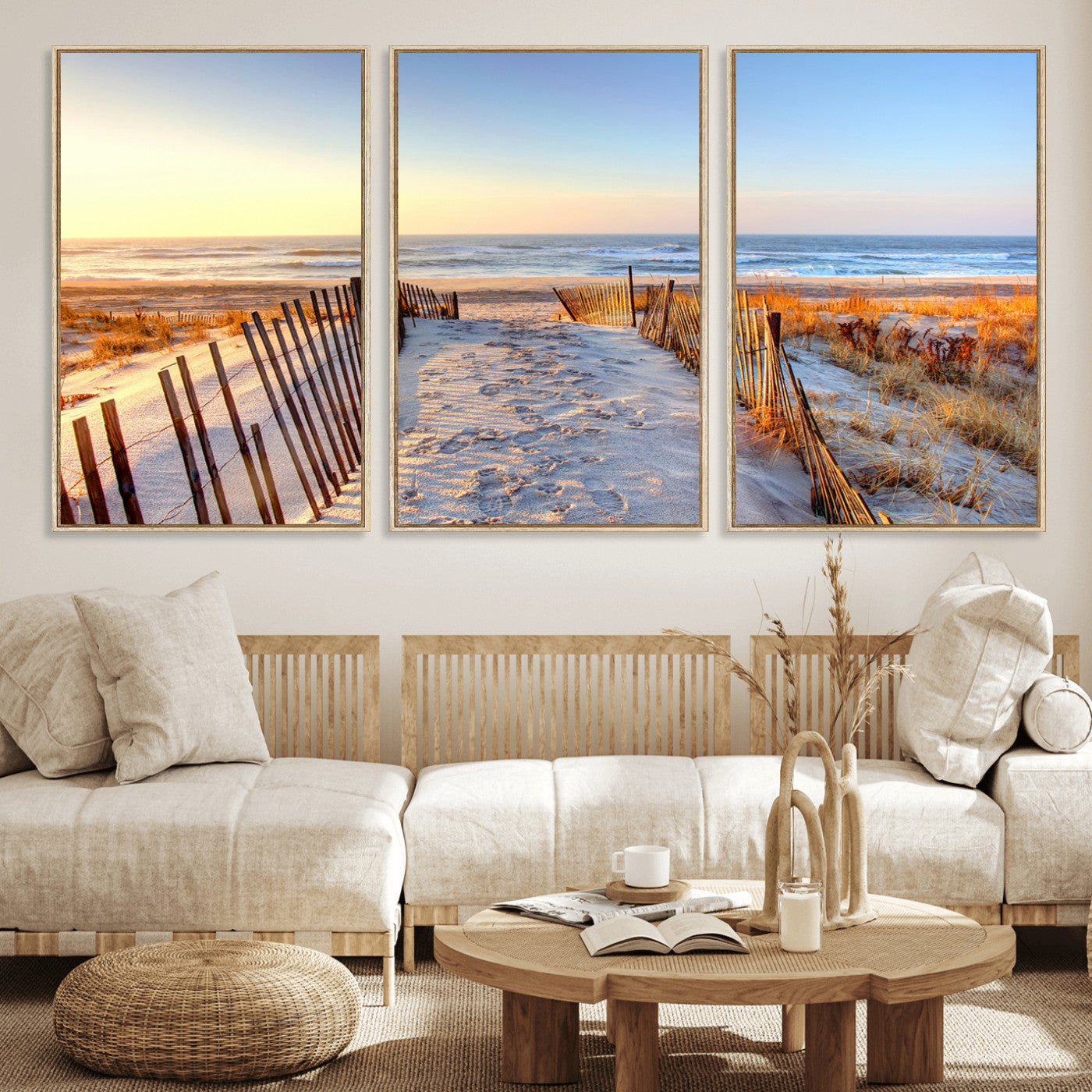 73351887-MGV-FC-60X30-3P_Natural-Ocean Sunset Wall Art Wall Art Canvas Print, Framed Nautical Photography Art Picture Print, Summer Beach House Decor Perfect