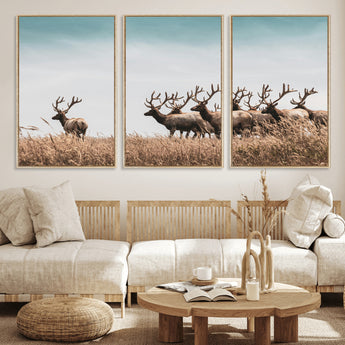 81594705-MGV-FC-60X30-3P_Natural-Elk Herd Wall Art Canvas Print, Framed Wildlife Photography Art Picture Print, Rustic Nature Print Perfect Rustic Wildlife Decor