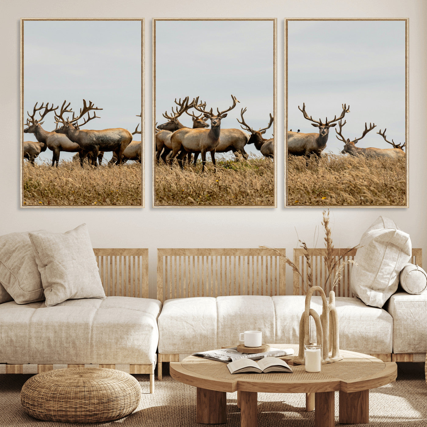 42170220-MGV-FC-60X30-3P_Natural-Elk Herd Wall Art Canvas Print, Framed Wildlife Photography Art Picture Print, Majestic Antlers Perfect Rustic Wildlife Decor
