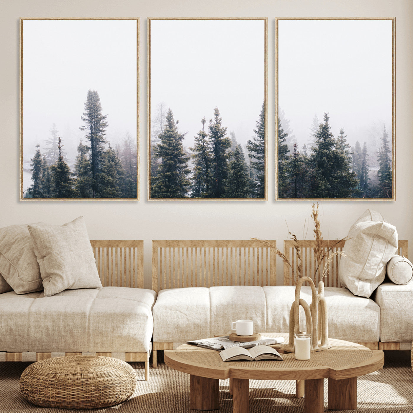 42364796-MGV-FC-60X30-3P_Natural-Foggy Forest Wall Art Canvas Print, Framed Misty Pines Art Picture Print, Moody Woodland Perfect Scandinavian Minimalist Decor