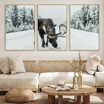 13316292-MGV-FC-60X30-3P_Natural-Moose in Snow Wall Art Canvas Print, Framed Winter Wildlife Art Picture Print, Snowy Forest Scene Perfect Rustic Lodge Decor