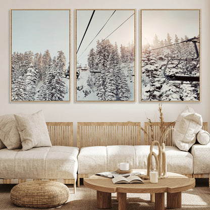 91534512-MGV-CV-36X24-Frosty Pines Wall Art Canvas Print, Framed Cozy Cabin View Art Picture Print, Ski Lift Ride Perfect Rustic Lodge Decor Artwork