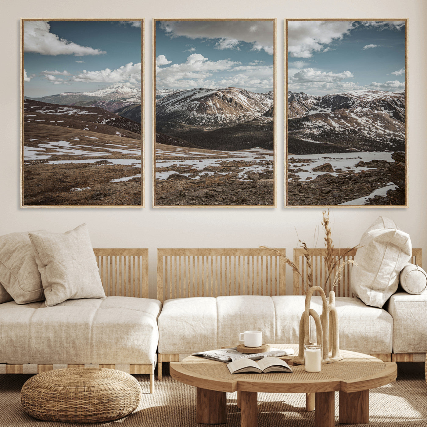 44565953-MGV-FC-60X30-3P_Natural-Mountain Landscape Wall Art Canvas Print, Framed Snowy Peaks Art Picture Print, Rugged Highlands Perfect Rustic Adventure Decor