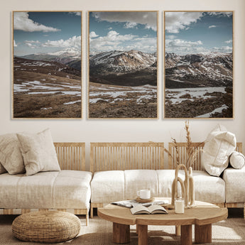 44565953-MGV-FC-60X30-3P_Natural-Mountain Landscape Wall Art Canvas Print, Framed Snowy Peaks Art Picture Print, Rugged Highlands Perfect Rustic Adventure Decor