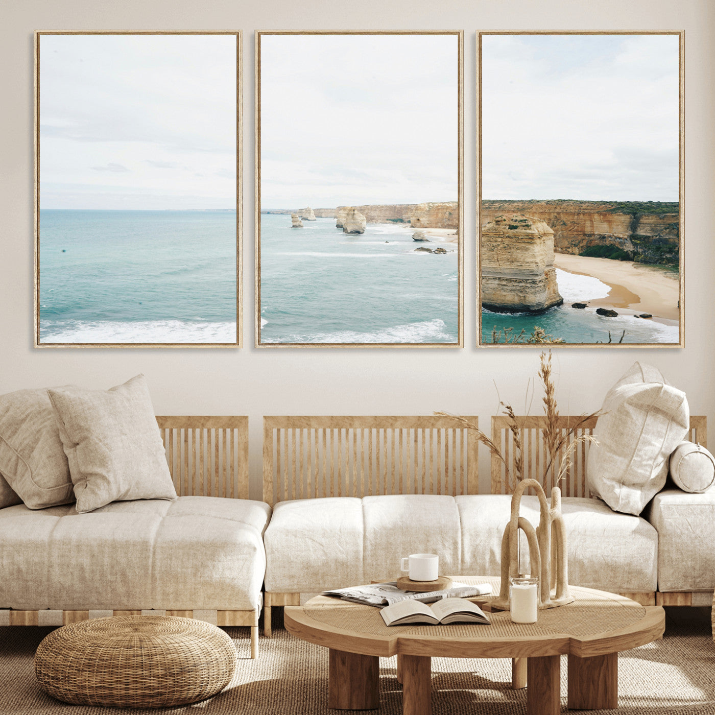 70095633-MGV-FC-60X30-3P_Natural-Twelve Apostles Wall Art Canvas Print, Framed Coastal Cliffs Art Picture Print, Rugged Rock Formations Perfect Minimalist Coastal