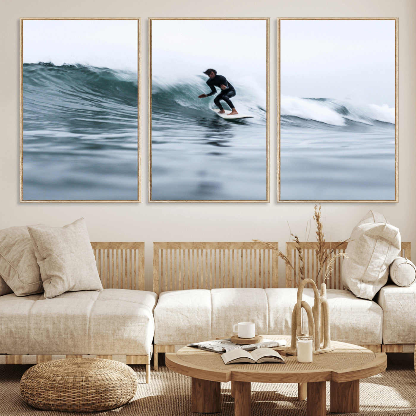 11693607-MGV-FC-60X30-3P_Natural-Surfer on Wave Wall Art Canvas Print, Framed Ocean Adventure Art Picture Print, Motion Blur Water Perfect Coastal Adventure Decor