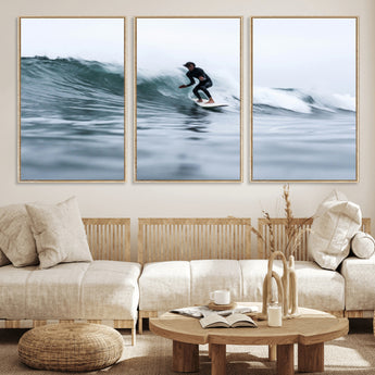 11693607-MGV-FC-60X30-3P_Natural-Surfer on Wave Wall Art Canvas Print, Framed Ocean Adventure Art Picture Print, Motion Blur Water Perfect Coastal Adventure Decor