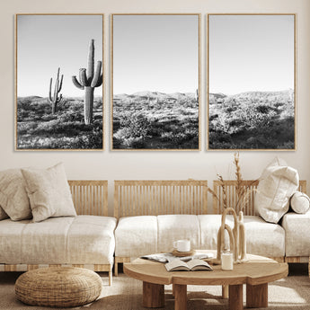 85205054-MGV-FC-60X30-3P_Natural-Saguaro Cactus Wall Art Canvas Print, Framed Monochrome Landscape Art Picture Print, Scenic Arizona View Perfect Minimalist