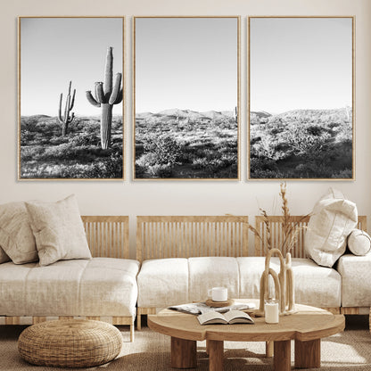 85205054-MGV-FC-60X30-3P_Natural-Saguaro Cactus Wall Art Canvas Print, Framed Monochrome Landscape Art Picture Print, Scenic Arizona View Perfect Minimalist