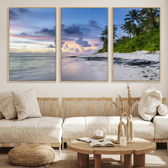 75045485-MGV-FC-60X30-3P_Natural-Tropical Beach Wall Art Canvas Print, Framed Sunset Glow Art Picture Print, Palm Tree Coast Perfect Tropical Coastal Decor Artwork