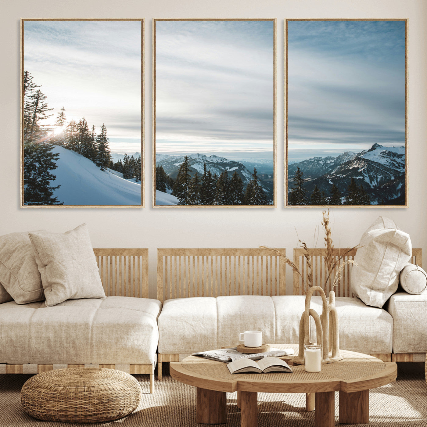 55564749-MGV-FC-60X30-3P_Natural-Snowy Mountains Wall Art Canvas Print, Framed Alpine Landscape Art Picture Print, Frosty Peaks Perfect Nordic Minimalist Decor