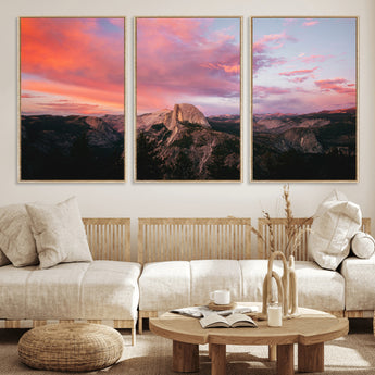 32786115-MGV-FC-60X30-3P_Natural-Half Dome Wall Art Canvas Print, Framed Yosemite National Park Art Picture Print, Dramatic Sunset Perfect Adventurous Wilderness