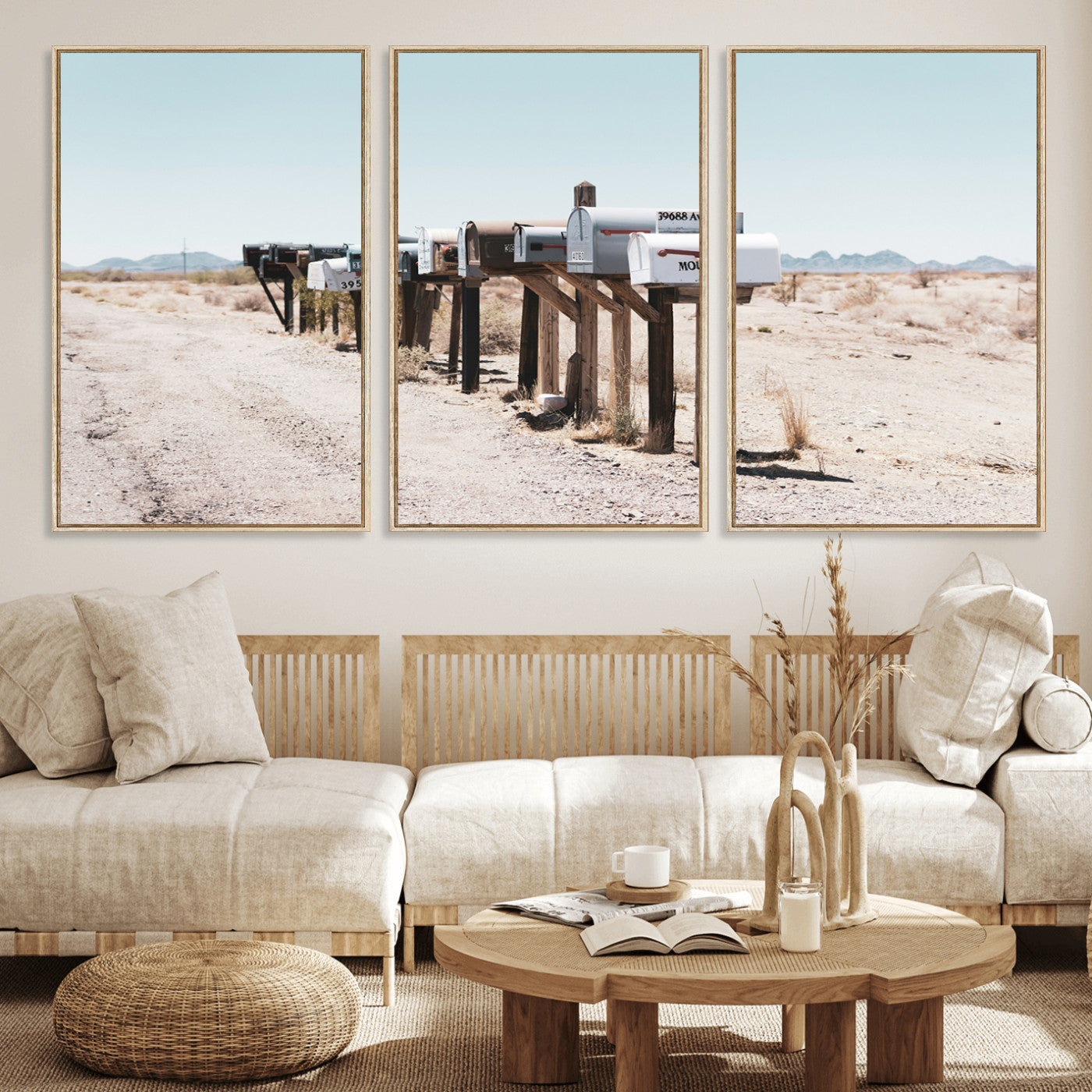 54616109-MGV-FC-60X30-3P_Natural-Desert Mailboxes Wall Art – Rustic Rural Roadside Photography Canvas Print, American Southwest Landscape Home Decor for Living