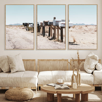 54616109-MGV-FC-60X30-3P_Natural-Desert Mailboxes Wall Art – Rustic Rural Roadside Photography Canvas Print, American Southwest Landscape Home Decor for Living