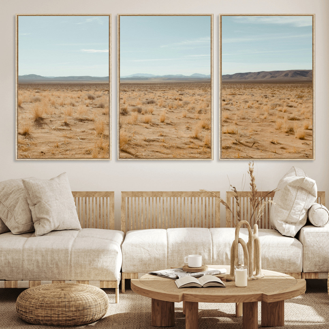 55918919-MGV-FC-60X30-3P_Natural-Desert Landscape Wall Art – Golden Grass Plains and Mountain Horizon Canvas Print, Southwest Nature Photography Decor for Living