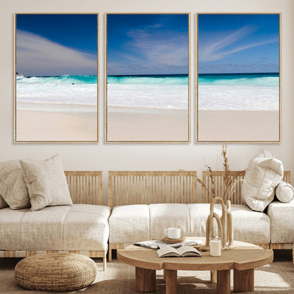 55017356-MGV-FC-60X30-3P_Natural-Ocean Beach Wall Art – Turquoise Wave and White Sand Shoreline Canvas Print, Coastal Seascape Photography Decor for Living Room,