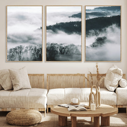 67569654-MGV-FC-60X30-3P_Natural-Foggy Forest Wall Art – Mist Covered Hills and Trees Landscape Canvas Print, Moody Nature Photography Decor for Living Room,
