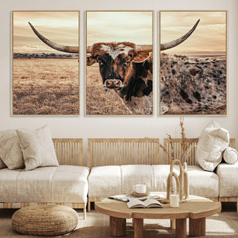 95745718-MGV-FC-60X30-3P_Natural-Texas Longhorn Wall Art – Western Cattle Photography Canvas Print, Rustic Ranch Animal Artwork Country Farmhouse Decor for Living