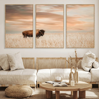 20306324-MGV-FC-60X30-3P_Natural-Bison Wall Art – Lone American Buffalo Prairie Sunset Canvas Print, Rustic Western Wildlife Photography Decor for Living Room,