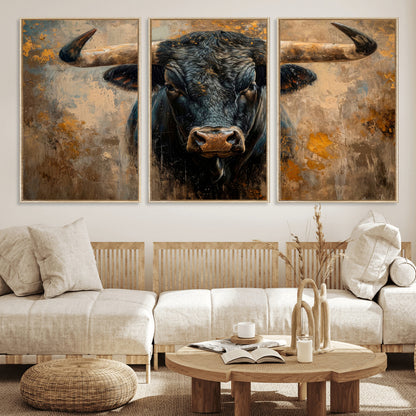 91615410-MGV-FC-60X30-3P_Natural-Bull Wall Art – Rustic Western Longhorn Canvas Print, Powerful Abstract Animal Painting, Farmhouse Ranch Decor for Living Room,