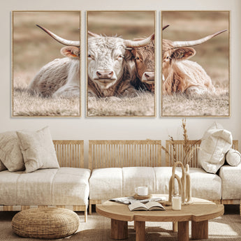 38651722-MGV-FC-60X30-3P_Natural-Cow Wall Art – Rustic Longhorn Pair Canvas Print, Western Farmhouse Animal Painting, Country Ranch Decor for Living Room, Bedroom,